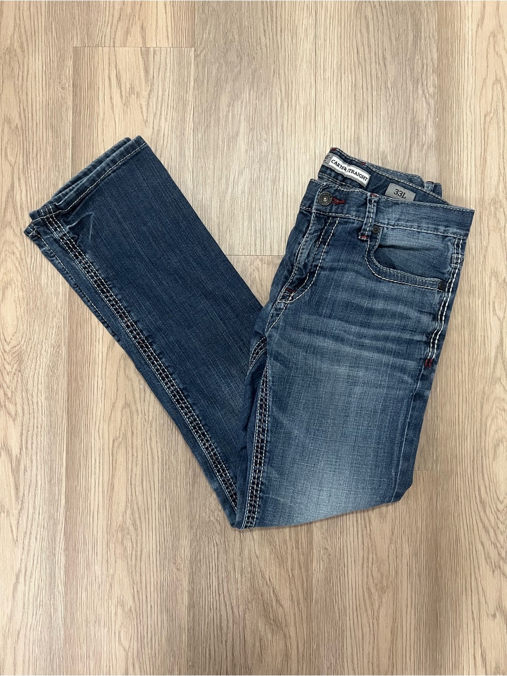 BKE Carter Straight Jeans Men 33L Medium Wash Thick Stitch Y2K Western Denim